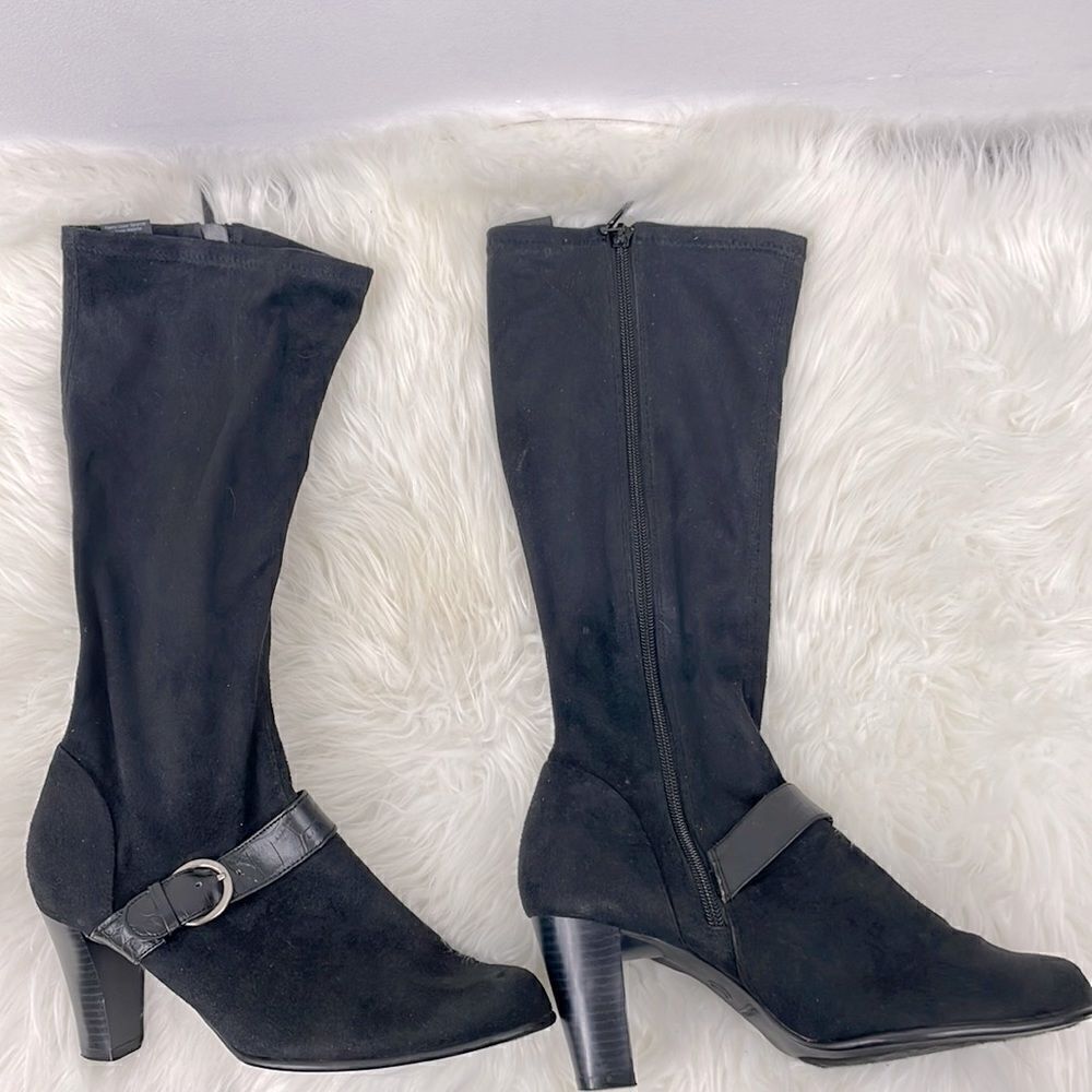 Predictions | black suede buckle stretchy boots 3” heel ,tall under knee…